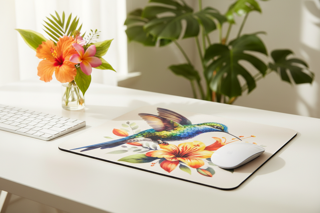 Hummingbird & Hibiscus Mouse Pad displayed on a bright desk with colorful tropical flowers and computer mouse