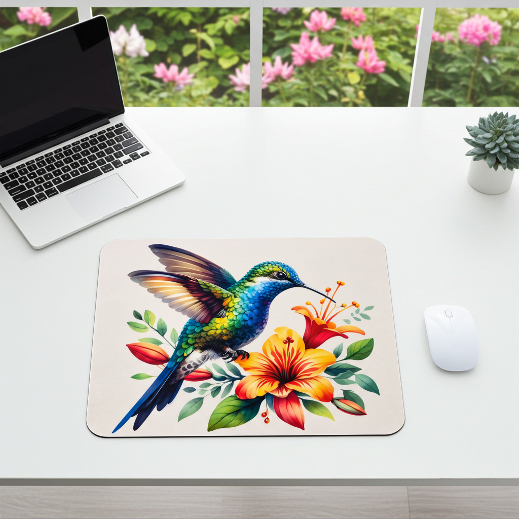 Hummingbird & Hibiscus Mouse Pad featuring a jewel-toned blue and green hummingbird with vibrant orange and yellow hibiscus flowers