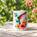 Hummingbird mug in a garden setting