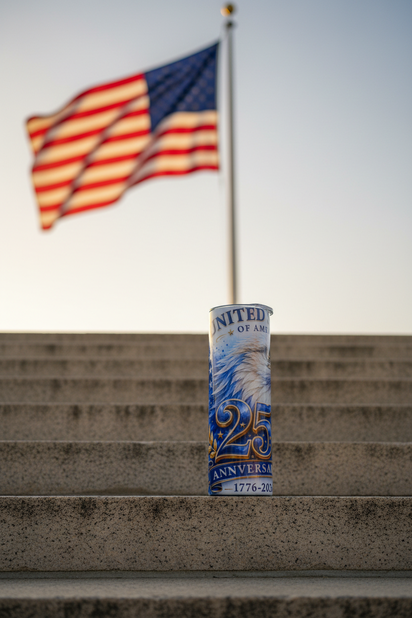 USA 250th Anniversary bald eagle tumbler at a patriotic memorial with American flag