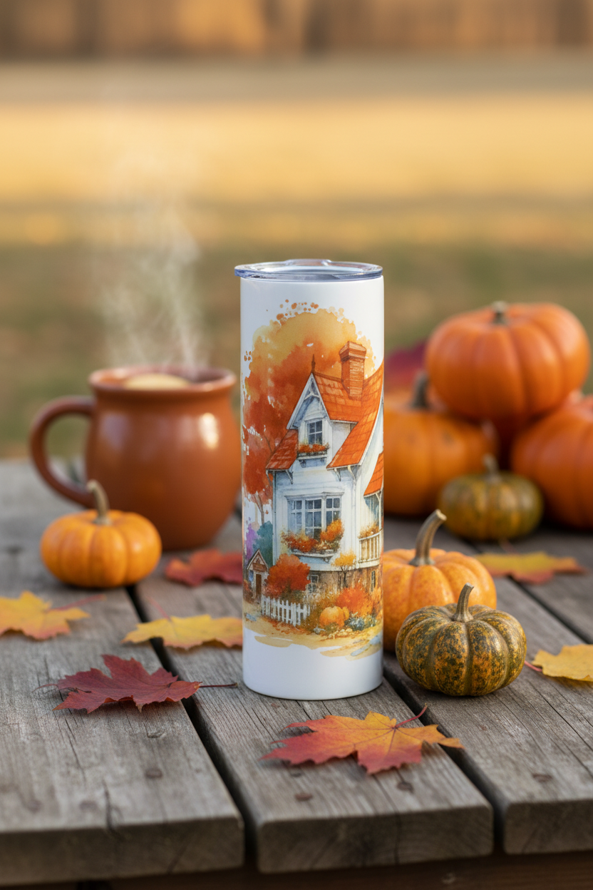 Autumn cottage tumbler on a rustic outdoor table surrounded by fall leaves and pumpkins