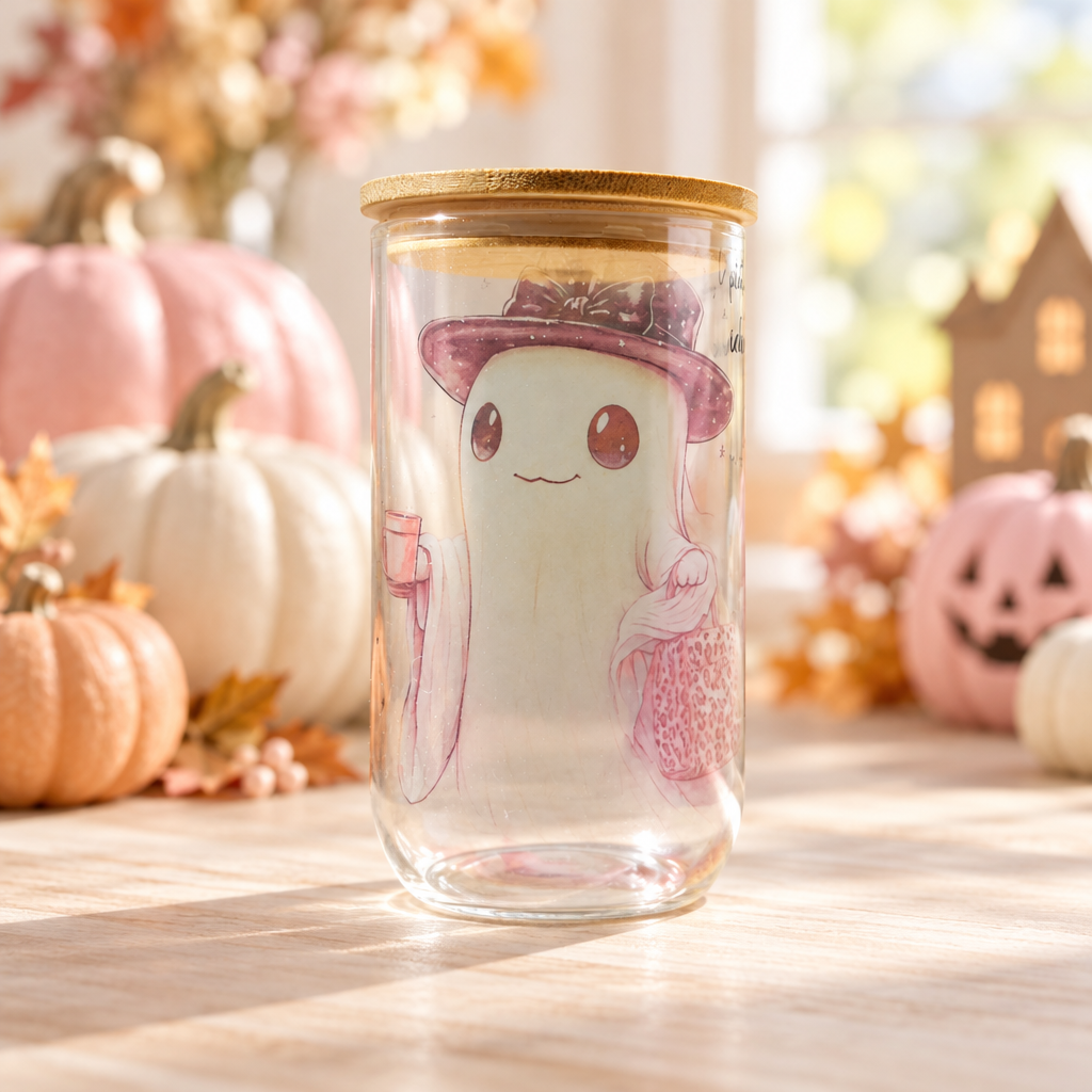 Witch hat ghost clear glass cup front in a cozy Halloween setting