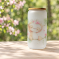 Little sloth and blossoms frosted glass cup in a floral woodland setting