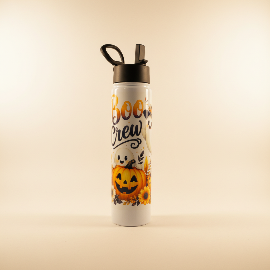 Full side view of Boo Crew lettering, ghosts, and jack-o-lantern artwork