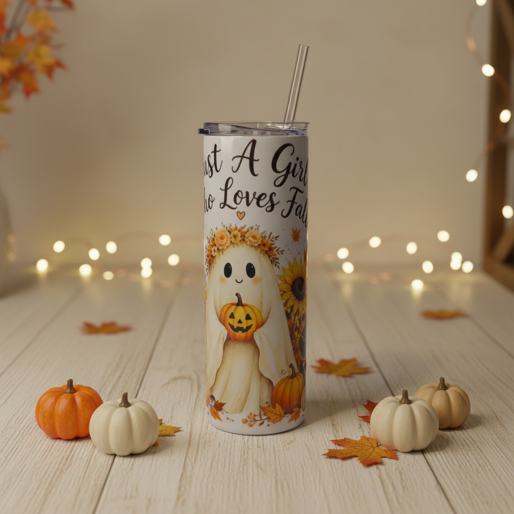Fall-themed 20 oz skinny tumbler with lid and straw in a playful autumn setting