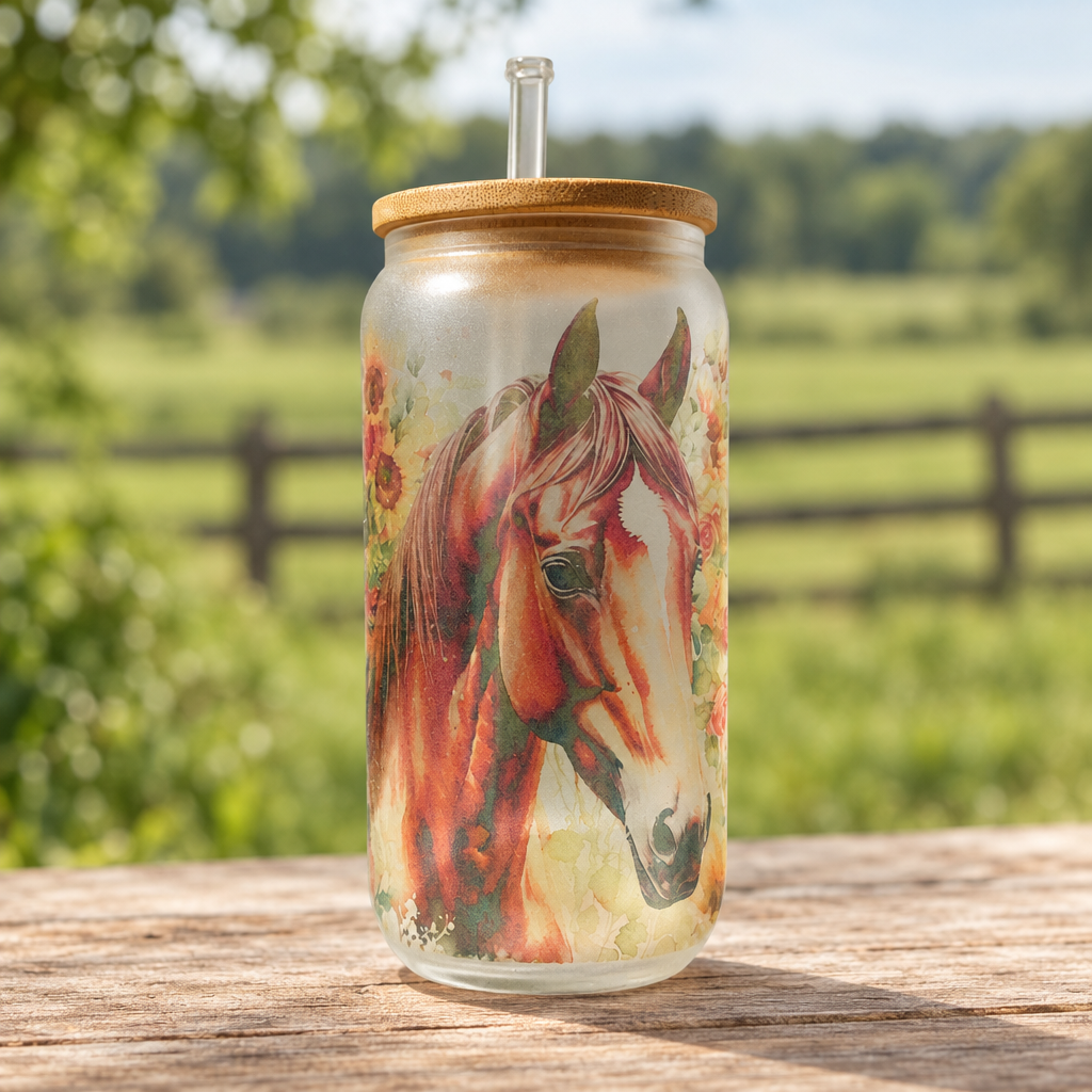 Watercolor horse frosted glass wine cup in a rustic equestrian setting