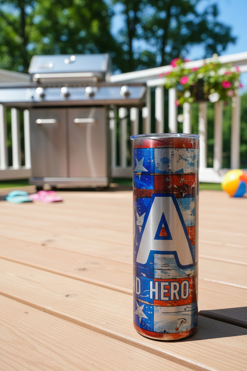 Superhero Dad Hero tumbler on a backyard deck with summer grill setting