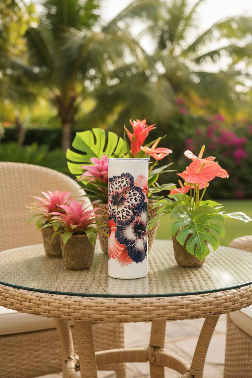 Leopard hibiscus tumbler on a chic outdoor patio with tropical flowers and greenery