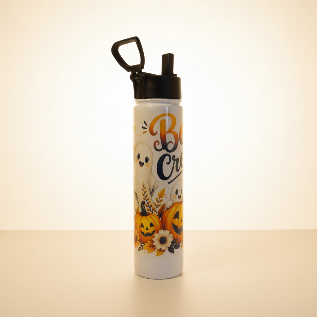 Full view of Boo Crew Halloween bottle showing ghost in a witch hat