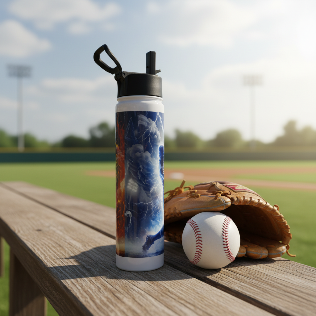 Baseball-themed stainless steel Hydro bottle displayed beside a glove and baseball