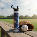 Baseball-themed stainless steel Hydro bottle displayed beside a glove and baseball