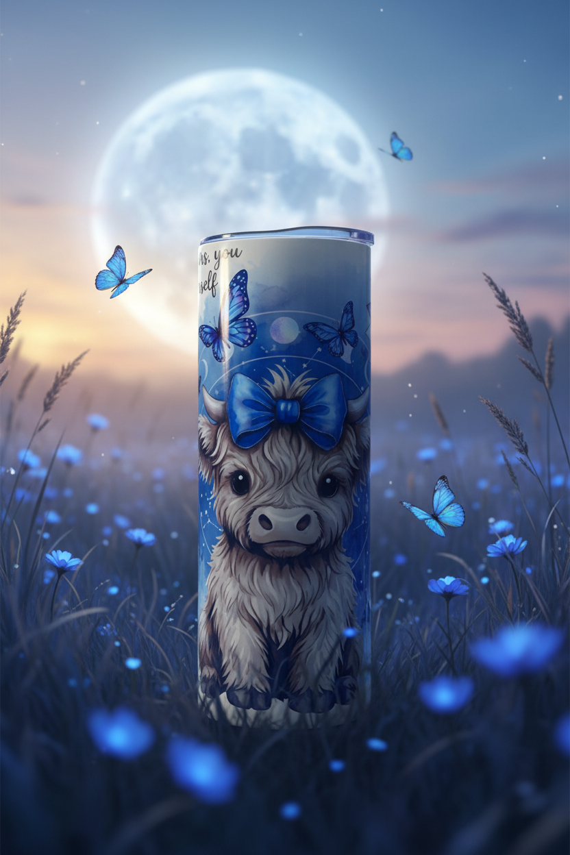 Highland cow tumbler in a dreamy moonlit meadow with blue wildflowers