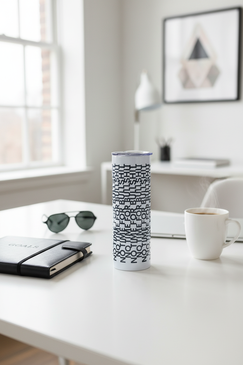 No Time for BS tumbler on a sleek modern office desk with boss energy vibes