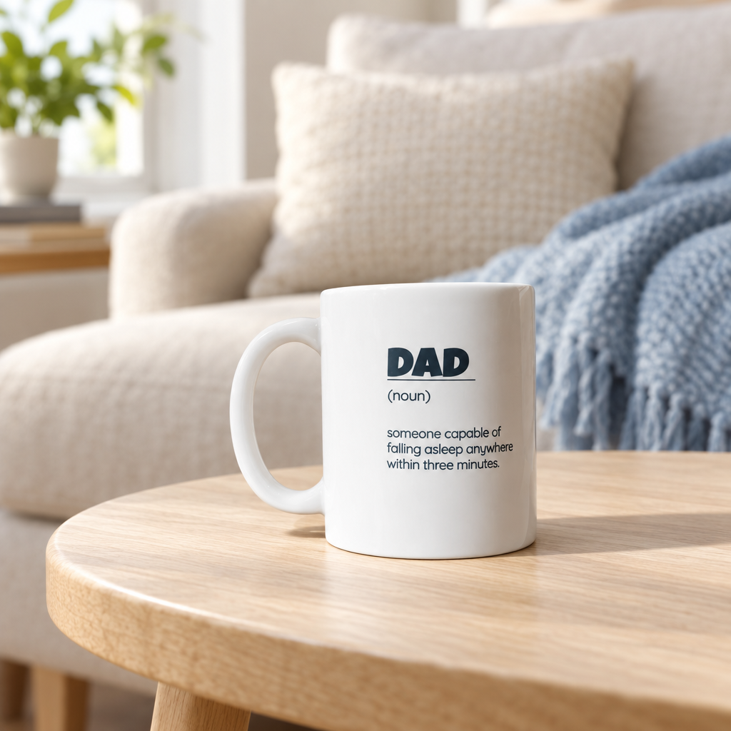Funny Dad nap definition side of ceramic mug in a cozy living room