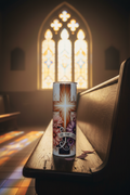 Be the Light cross tumbler with soft golden light streaming through a church window