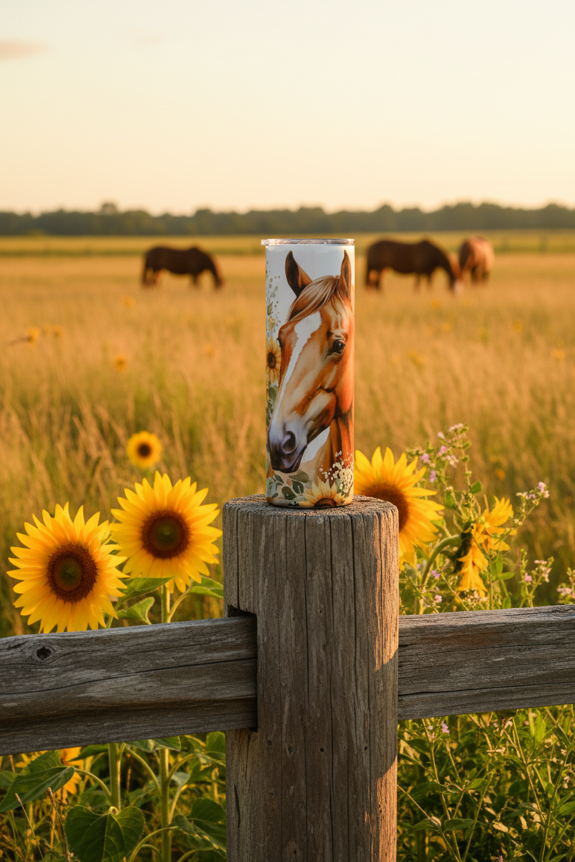 Sunflower horse tumbler on a rustic fence post on a sunny horse farm