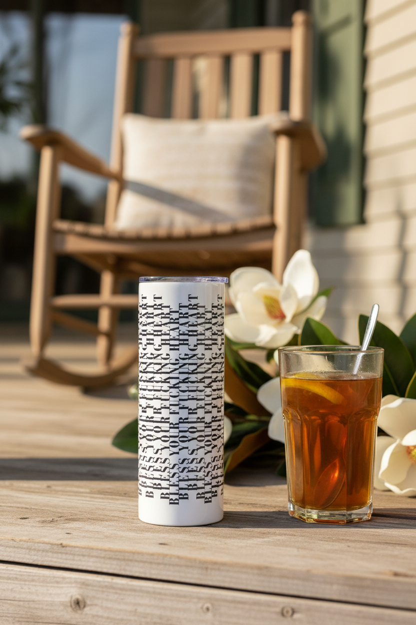 Bless Your Heart tumbler on a rustic Southern farmhouse porch with sweet tea and magnolias