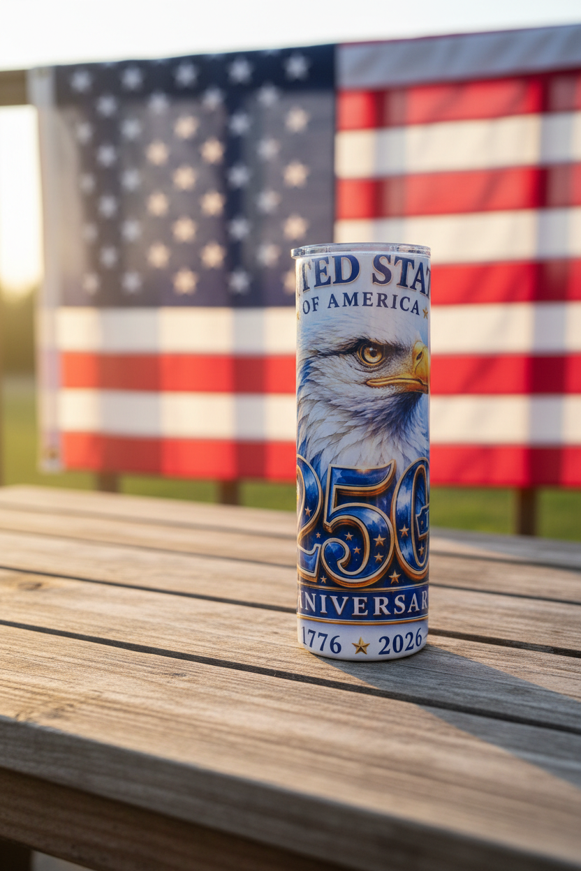 USA 250th Anniversary bald eagle tumbler with American flag at golden hour