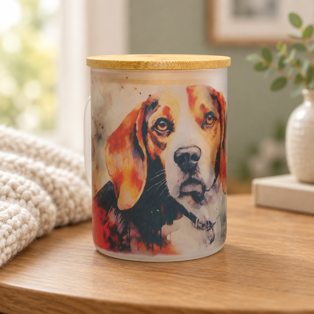 Dog portrait mug on a warm oak table in a cozy neutral home setting