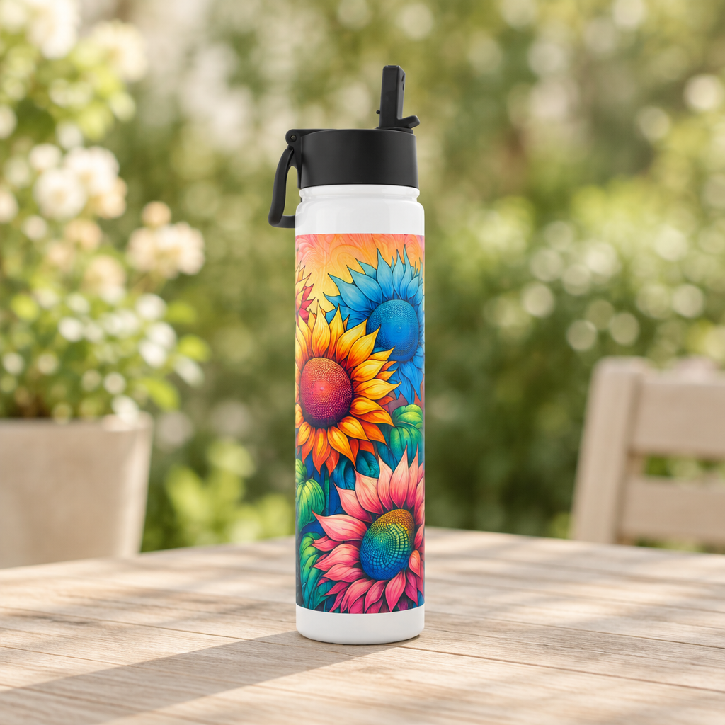 Colorful sunflower water bottle with black lid in a garden tabletop setting