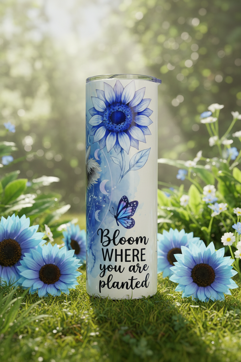 Bloom Where You Are Planted tumbler in a lush blue sunflower garden
