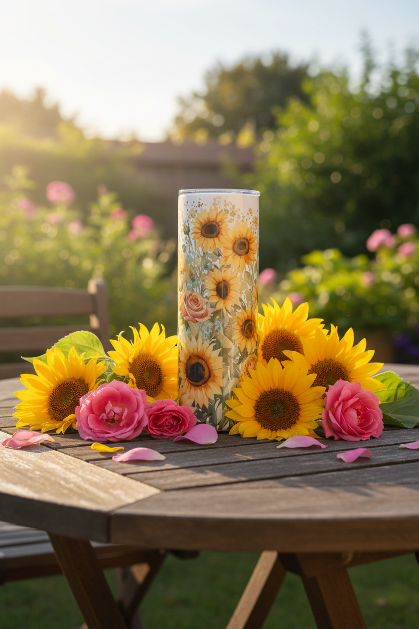 Sunflower and rose garden tumbler on a wooden garden table with fresh blooms