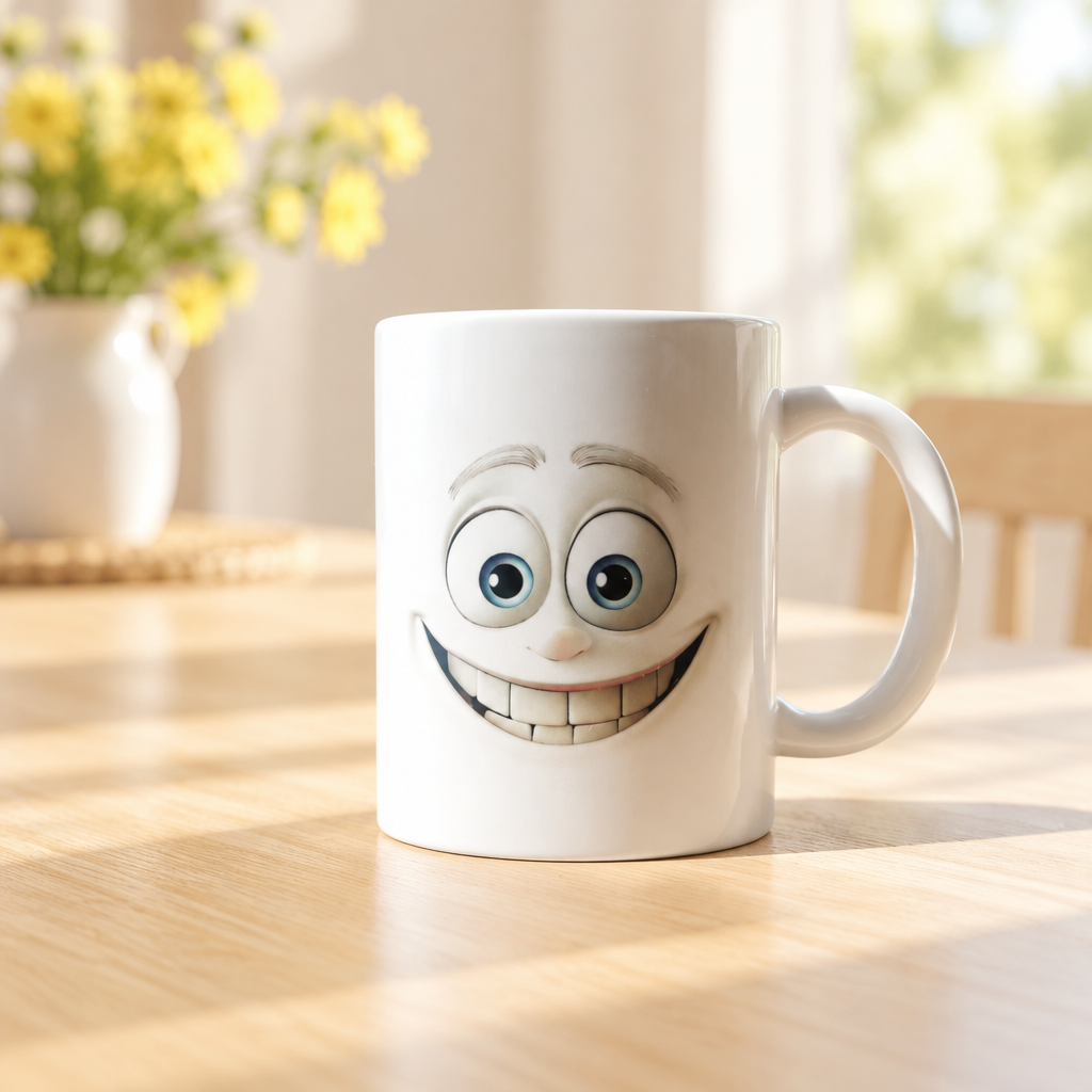 Big Grin white ceramic mug staged in a cheerful breakfast setting