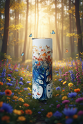 Tree of Life butterfly tumbler in a soft enchanted meadow with golden light and butterflies