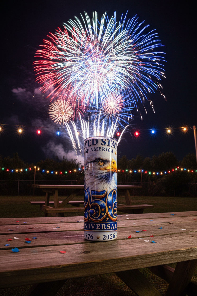 USA 250th Anniversary bald eagle tumbler with 4th of July fireworks in the background