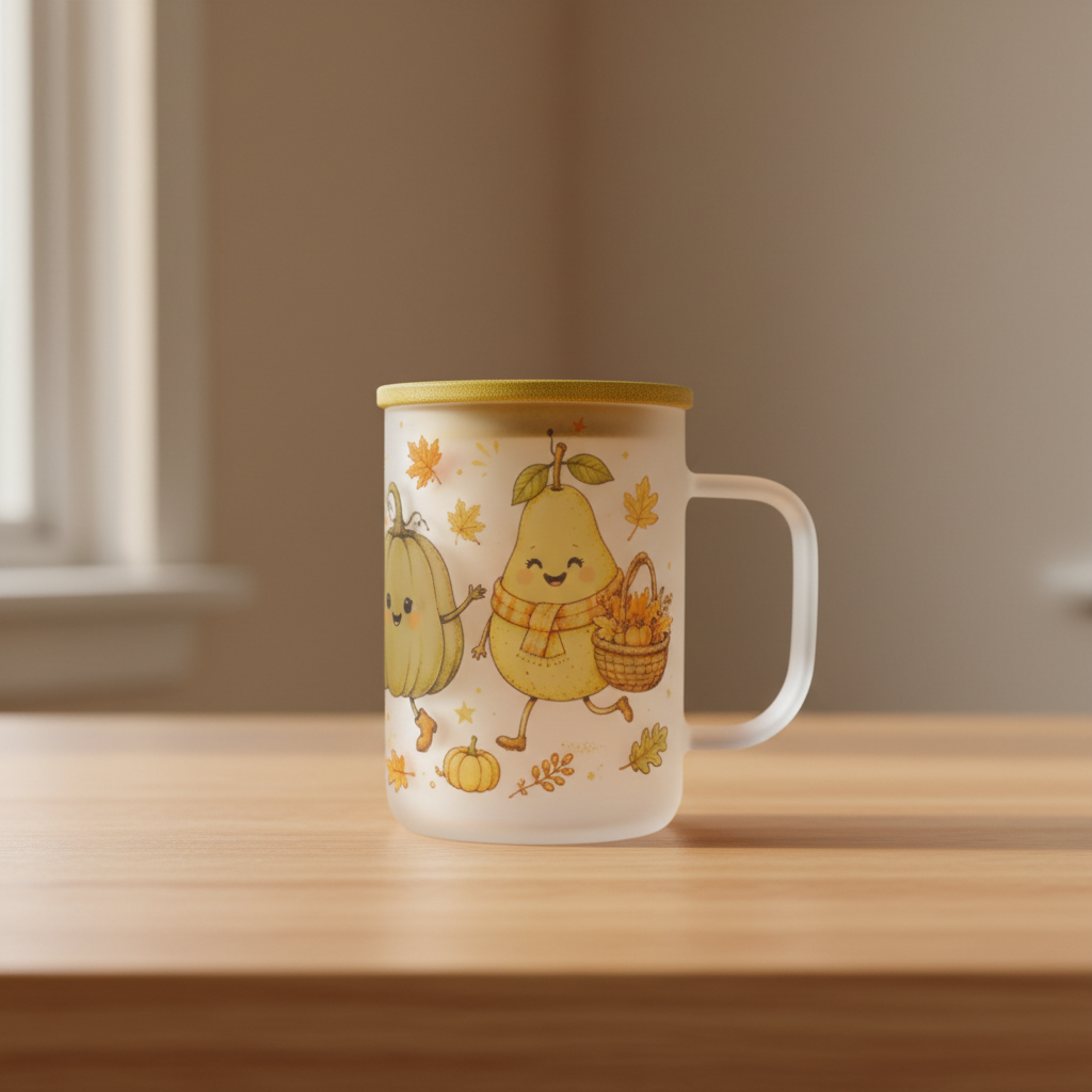 17 oz frosted mug showing smiling pear character and autumn leaves