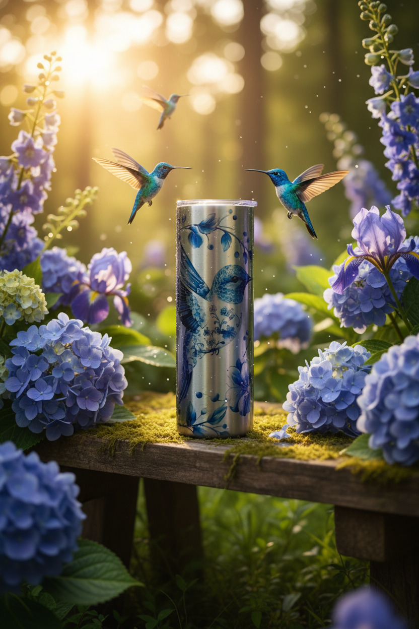 Blue hummingbird metallic tumbler in a lush garden with blue flowers at golden hour