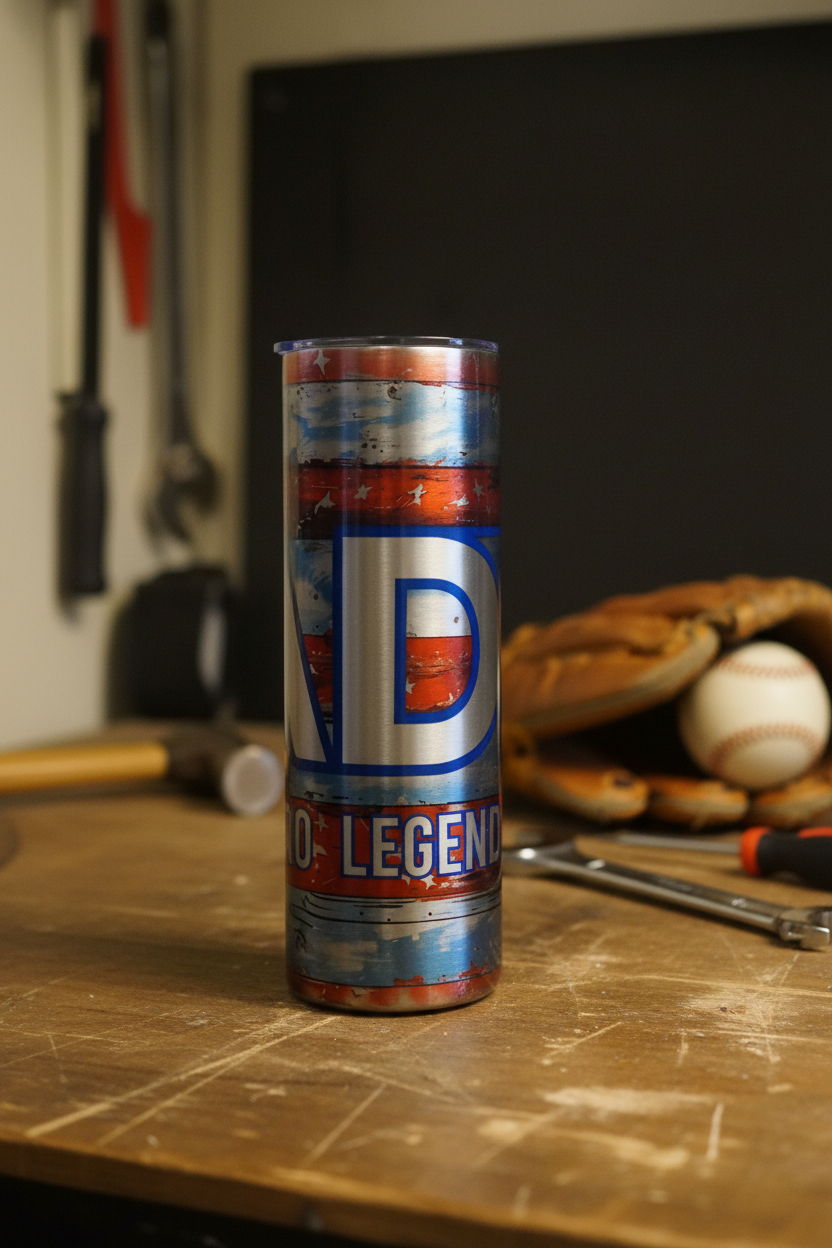 Superhero Dad Legend tumbler on a garage workbench with tools