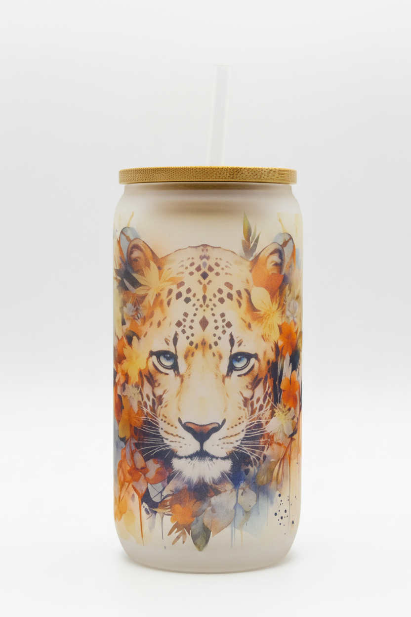 Enhanced watercolor leopard glass can cup product photo