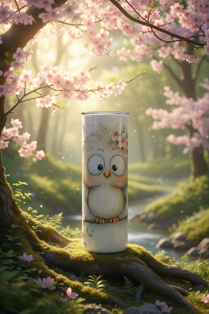 Fluffy baby owl tumbler in a dreamy enchanted woodland with cherry blossoms
