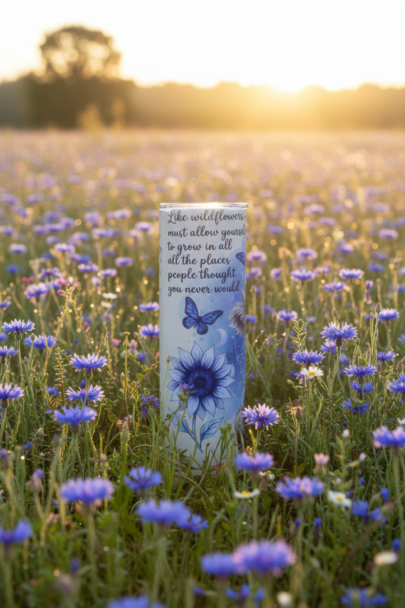 Like Wildflowers tumbler in a wildflower meadow at golden hour