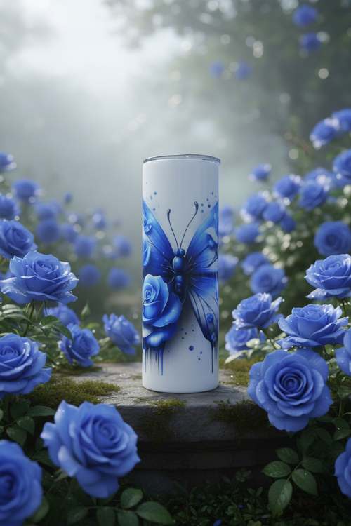 Blue butterfly and roses tumbler in a dreamy blue rose garden with soft morning light