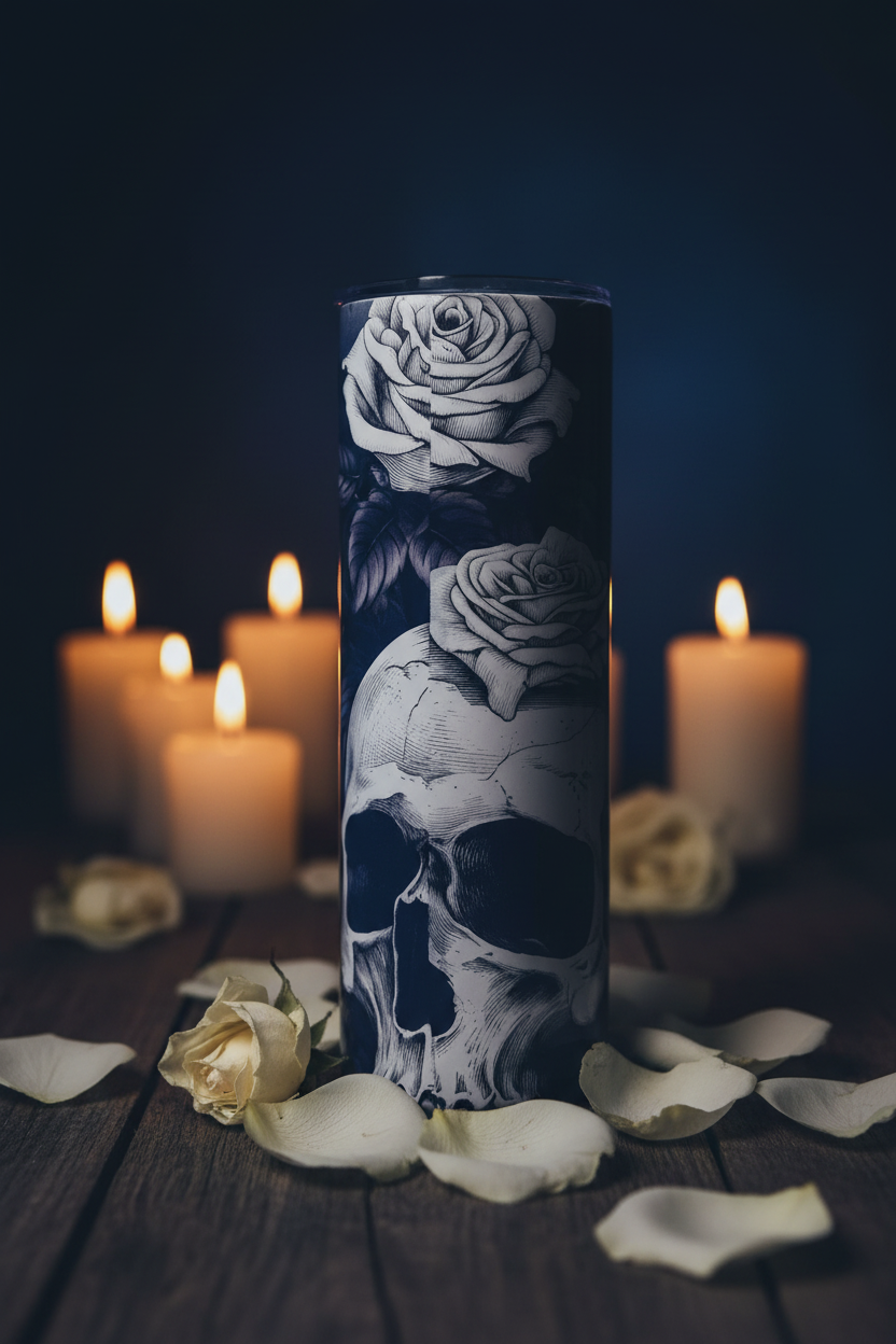 Skull and roses gothic tumbler with white rose petals and candlelight on a dark moody surface
