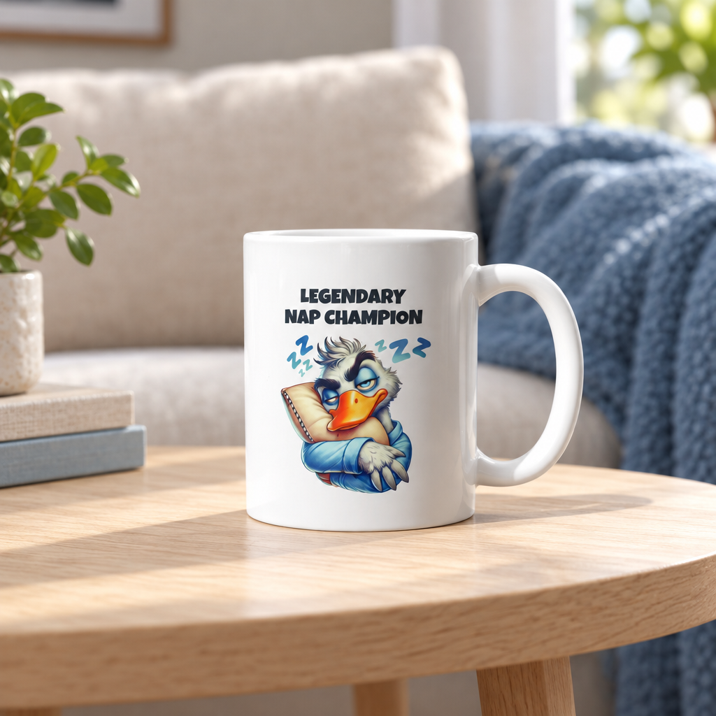 Legendary Nap Champion duck mug in a cozy living-room setting