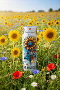 Bee Sweet Bee Happy Bee Yourself tumbler in a bright sunny sunflower meadow