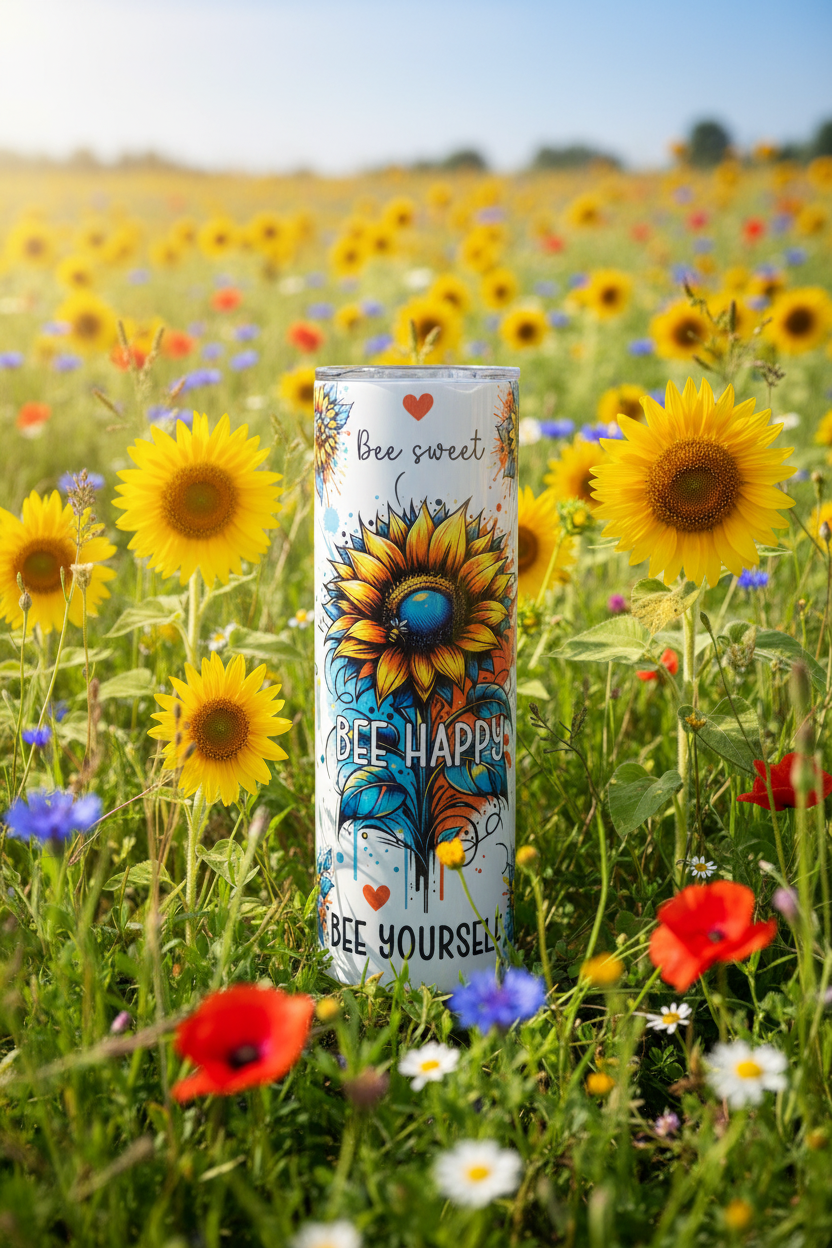 Bee Sweet Bee Happy Bee Yourself tumbler in a bright sunny sunflower meadow