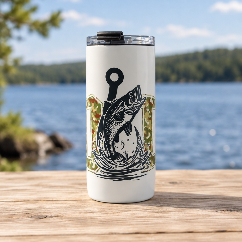 Jumping fish and camouflage cup in a lakeside tabletop setting