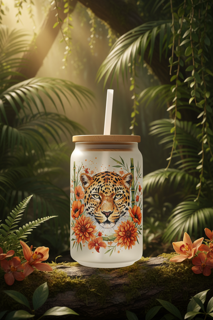 Leopard Glass Can Cup – Jungle Scene