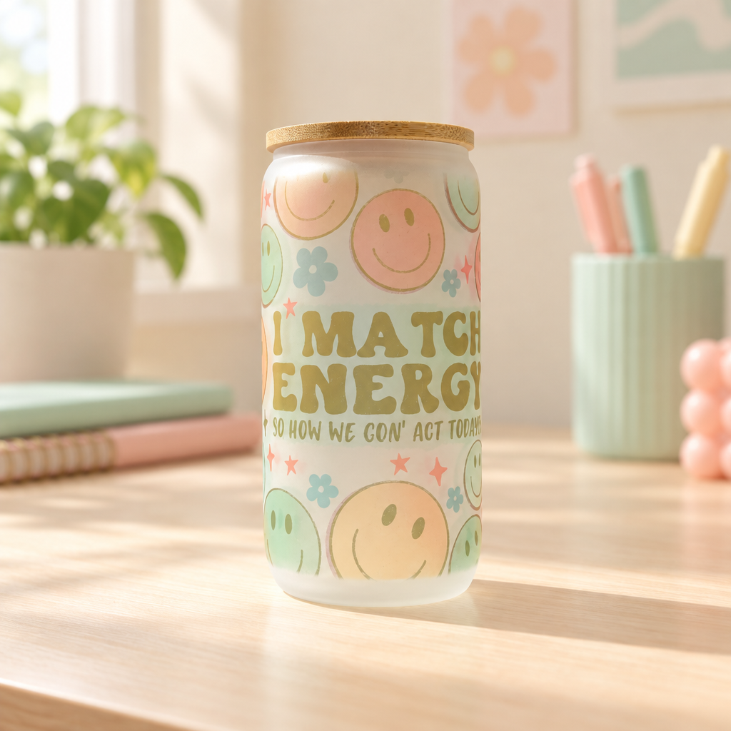 Match Energy smiley-face cup in a pastel setting