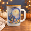 Moonlit haunted house mug in a cozy Halloween setting