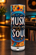 Music Feeds My Soul tumbler in a music-lounge setting
