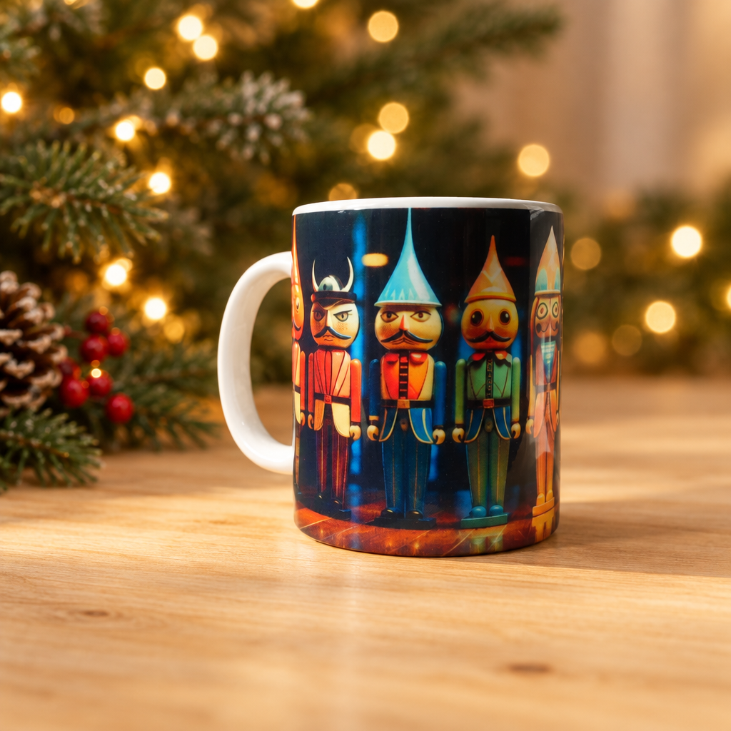 Nutcracker mug in a cozy holiday setting
