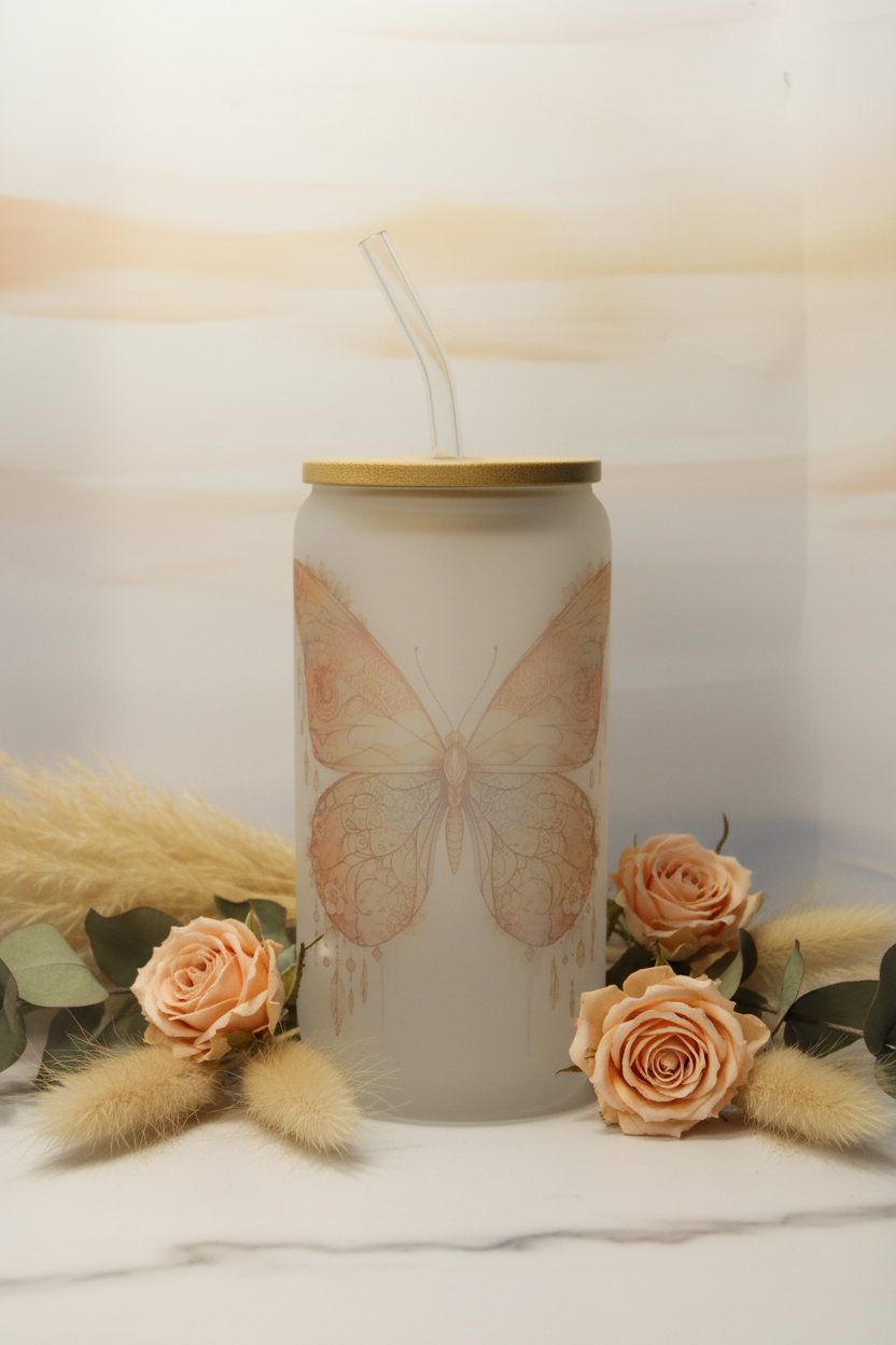 Peach Butterfly Frosted Glass Can Cup
