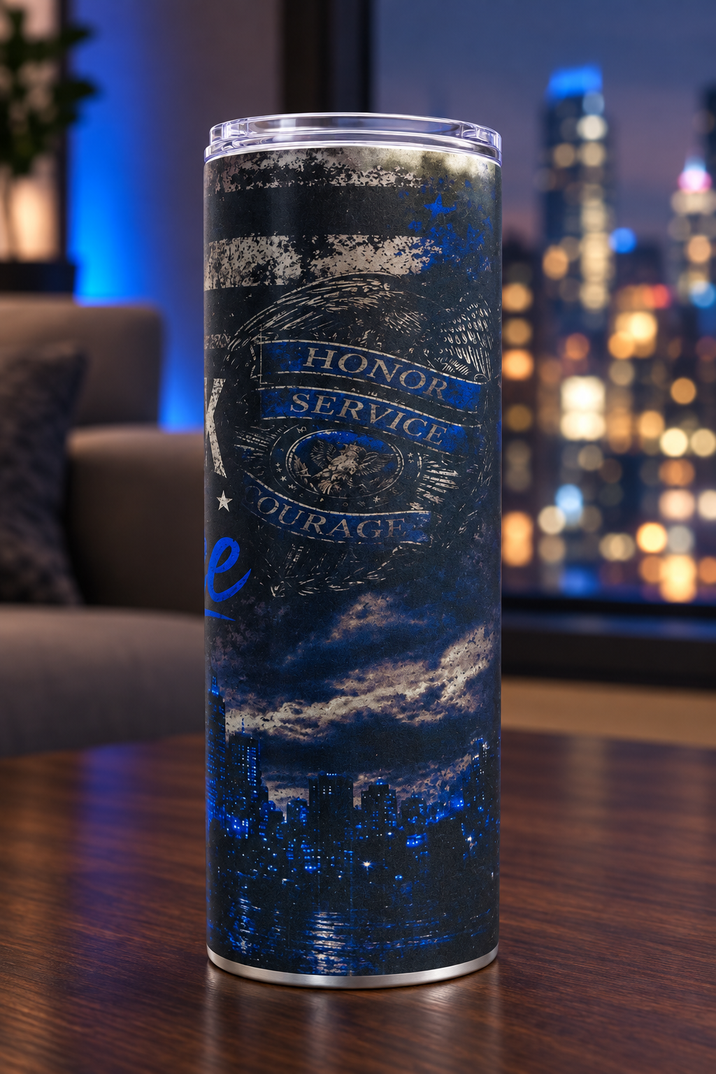 Police tribute tumbler badge-side view in a matching setting