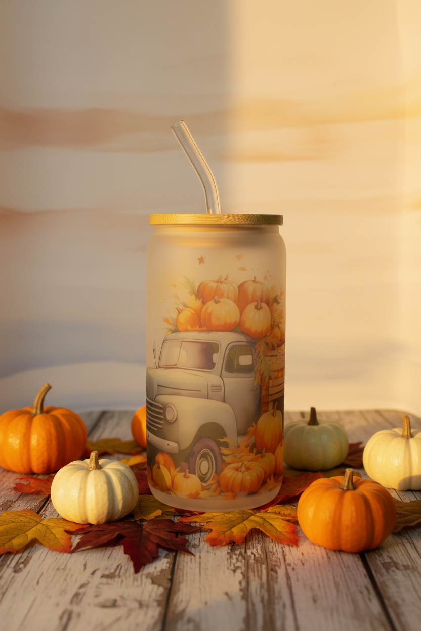 Pumpkin Patch Truck Frosted Glass Can Cup