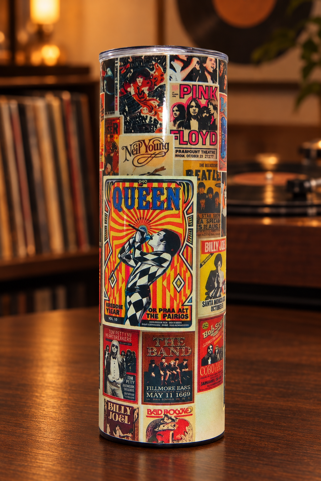 Queen concert-poster tumbler with a warm retro music background